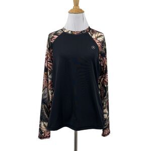 Hurley Rashguard Womens L Large Black Scattered Palm Lightweight Raglan Shirt